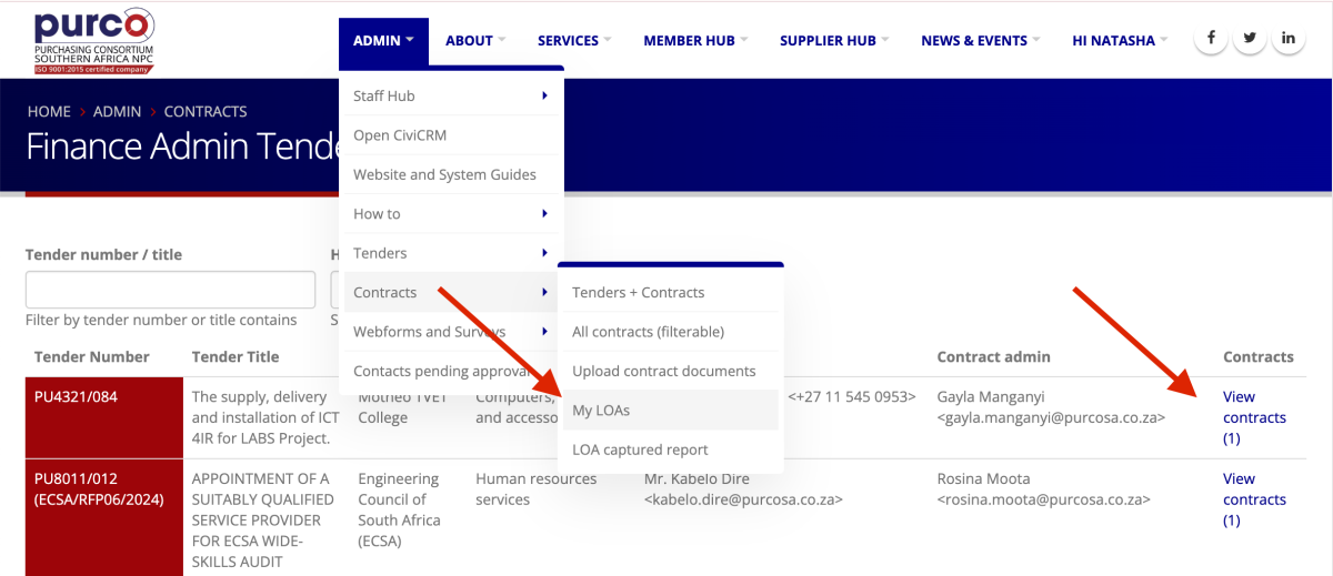 Finance Admin - Contracts list