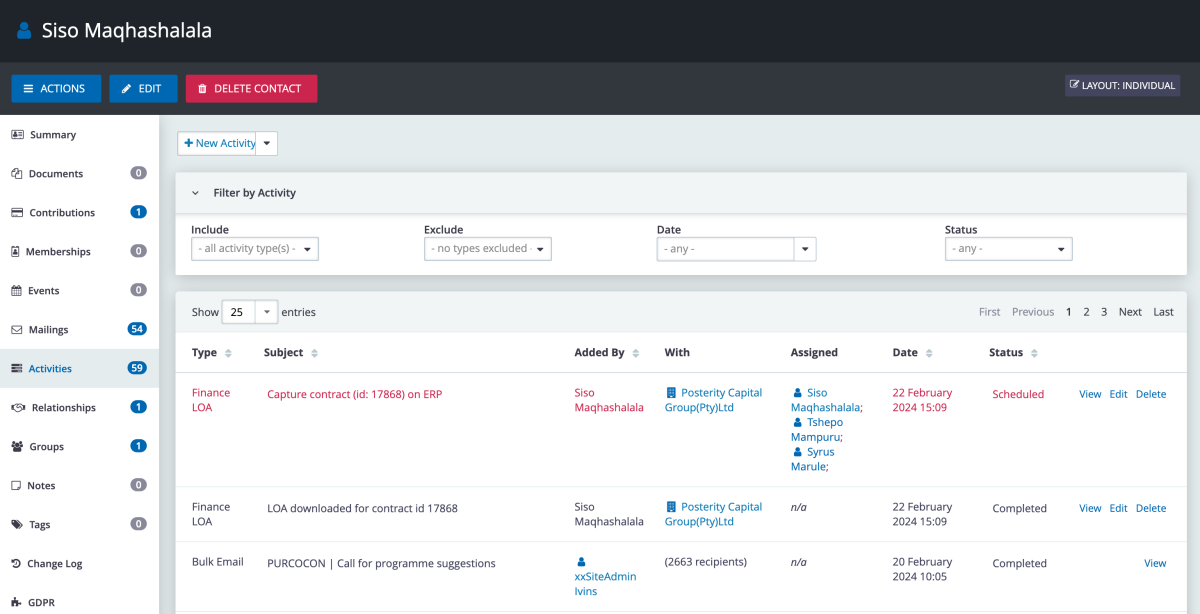 Finance Admin - Civi contact page