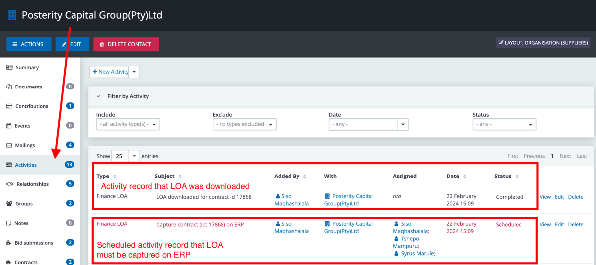 LOA Activity on CiviCRM Supplier
